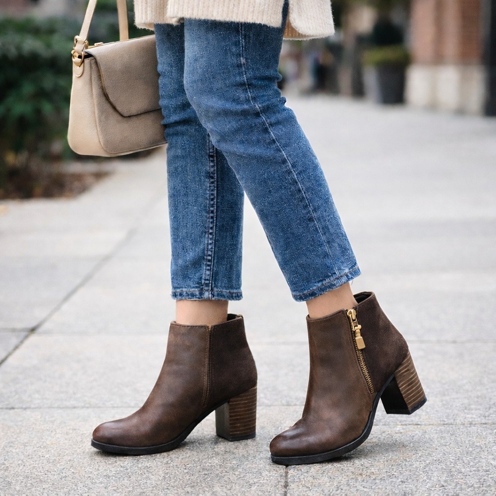 Sperry Brown Leather Suede Ankle Boots Boho Block Heel‎ Side Zip Women's 7.5